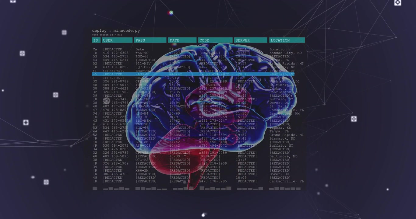 Health data panel appearing, 3D brain rotating, cyan scan bar scanning rows and syncing brain glow