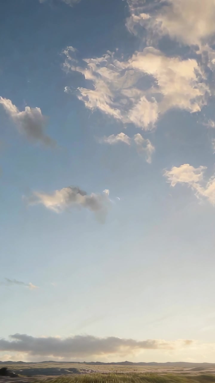 Video verticale: Nuvole cumulo alla deriva che si muovono sopra un orizzonte basso sulla terraferma con vento leggero, striscia scura