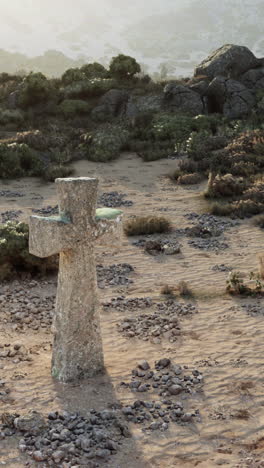 cruz de piedra en el paisaje desolado del desierto