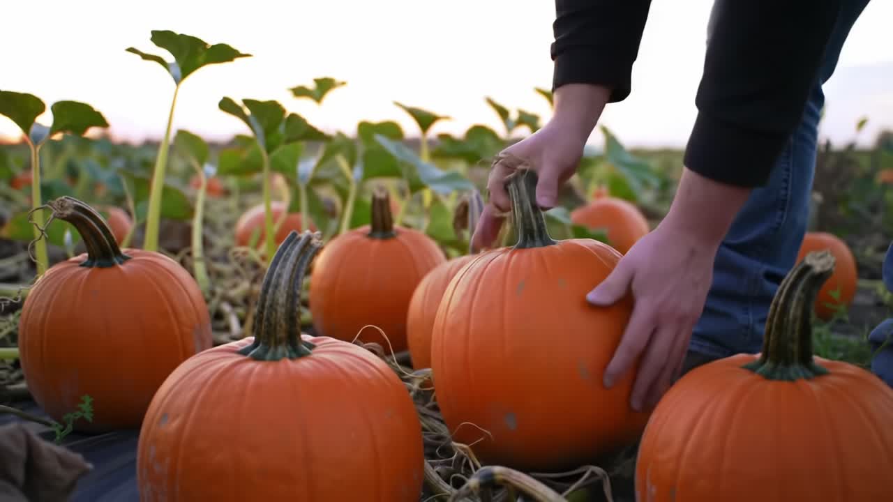 Harvesting Pumpkins in the Field During Twilight at a Farm