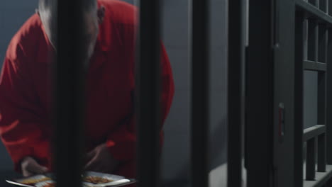 prison guard gives food to prisoner through metal bars