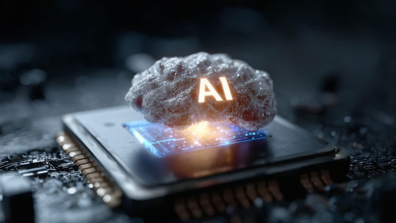 A captivating visual representation of artificial intelligence as a dynamic brain emerging from a computer chip, signifying the fusion of technology and cognitive processing in modern advancements