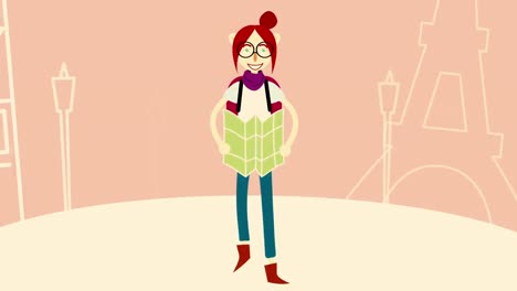 chica de dibujos animados viajando con un mapa