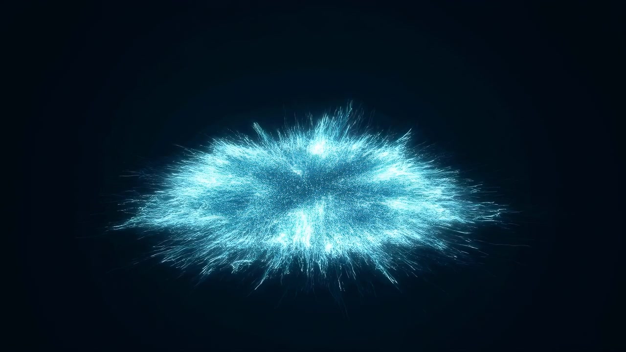 Bright cyan particle burst positioned low-center against a dark navy backdrop, featuring a dense glowing core with horizontal and upward streaks, scattered