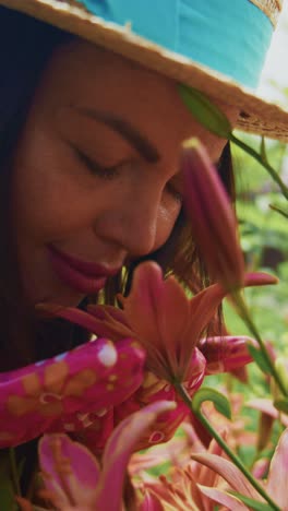 a passionate gardener embraces nature's beauty in the heart of her garden, experiencing the joy of blossoms and connection with the earth