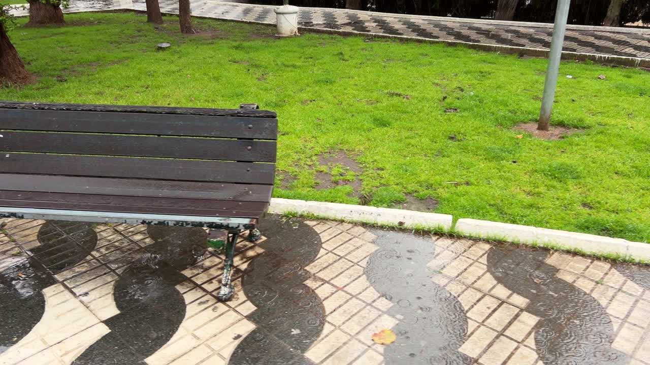 Panning view of empty bench in a park in the rain. Daylight