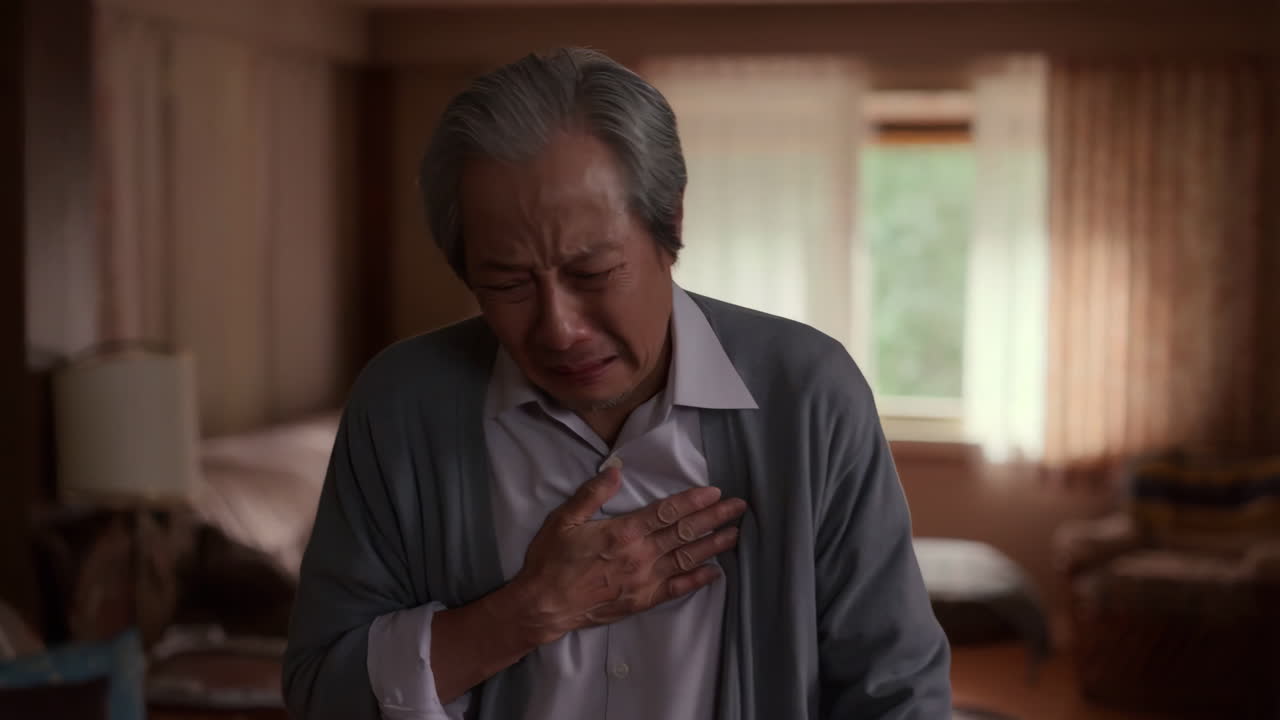 Elderly Man Experiencing Severe Chest Pain Indoors