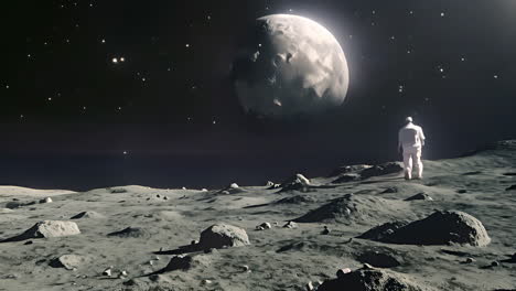 a stunning lunar landscape with a distant planet