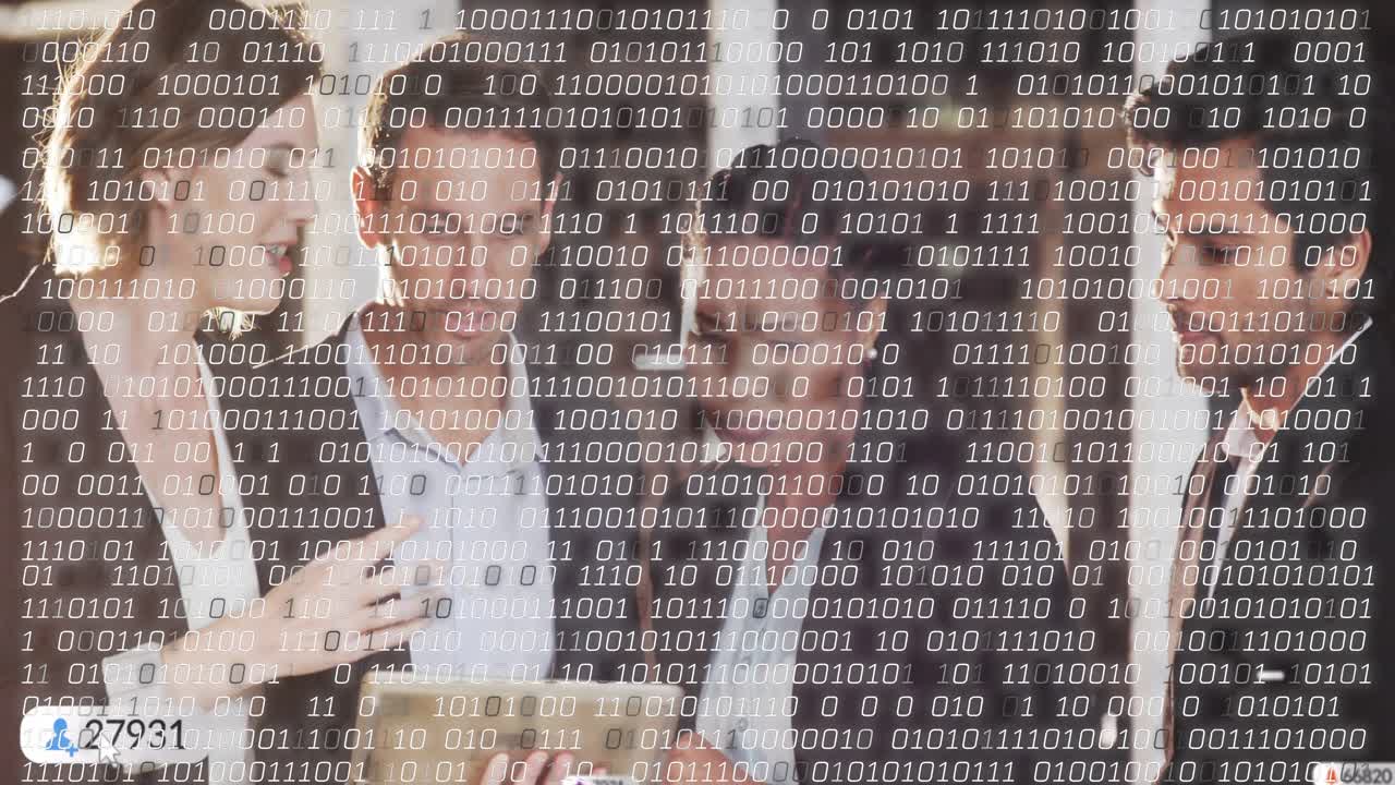 Woman tapping tablet while team leaning in, sparking badges, data overlay showing business metrics