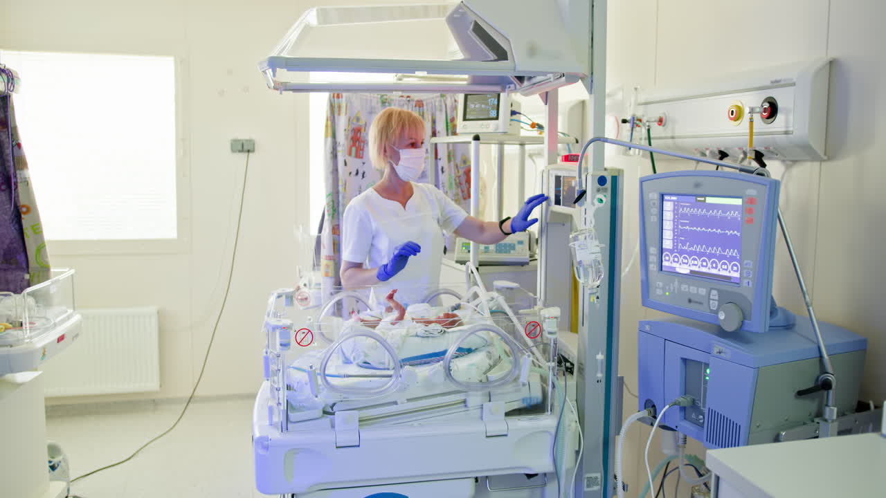 enfermera que cuida a un recién nacido en la unidad de cuidados intensivos neonatales