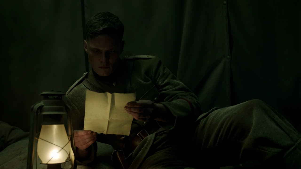 A soldier reading a letter in a tent