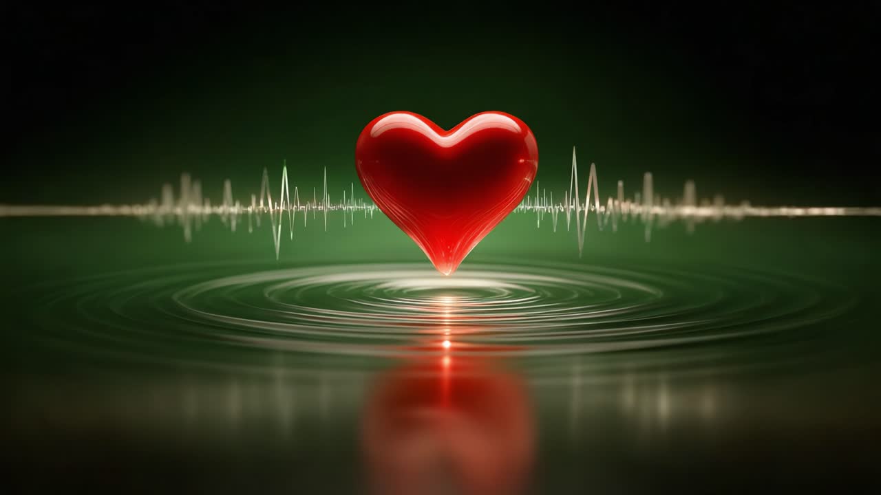 Vibrant Heartbeat: A Stunning Visualization of a Heart Surrounded by Rippling Water and Sound Waves, Representing Love, Emotion, and Connection