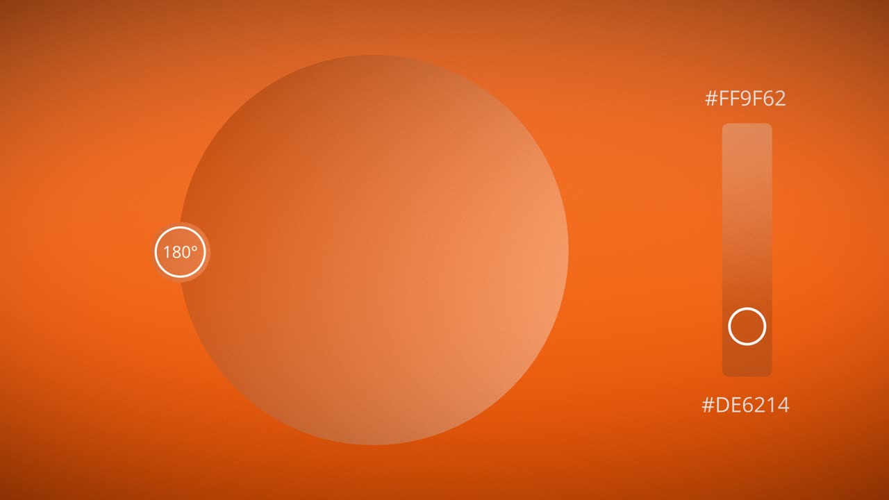 An abstract looping background animation of color palette UI, showing a glowing orange gradient circle with a degree value and a vertical color picker shifting from soft peach to deep amber hues