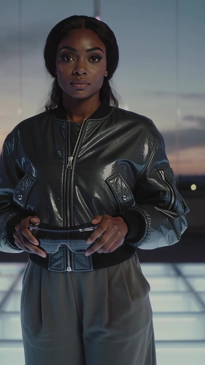 Vertical video: Cueing woman in glossy jacket turning right to center by glass, presenting gadget