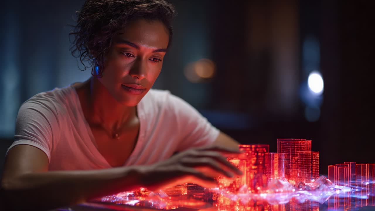 A woman interacts with a vibrant, technologically advanced holographic city model, showcasing her deep focus and engagement with the futuristic urban landscape represented in glowing colors and intricate details