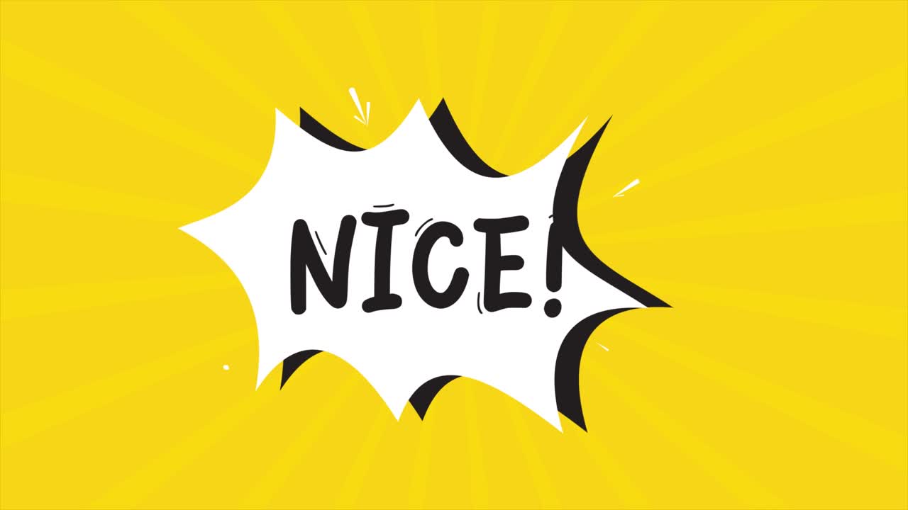 A comic strip cartoon animation, with the word Nice appearing. Yellow and halftone background, star shape effect