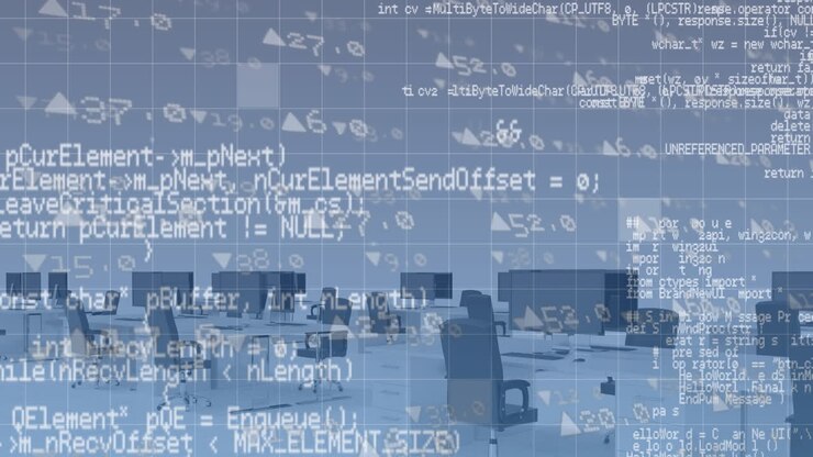 Animation of stock market data processing against empty office