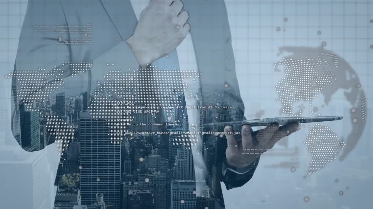 데이터 프로세싱과 도시 풍경으로 지구의 애니메이션 카우카스 사업가 태블릿을 사용