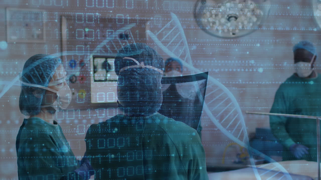 수술실에서 대화하는 다양한 여성 외과 의사들에 대한 dna 스트랜드와 이진 데이터의 애니메이션