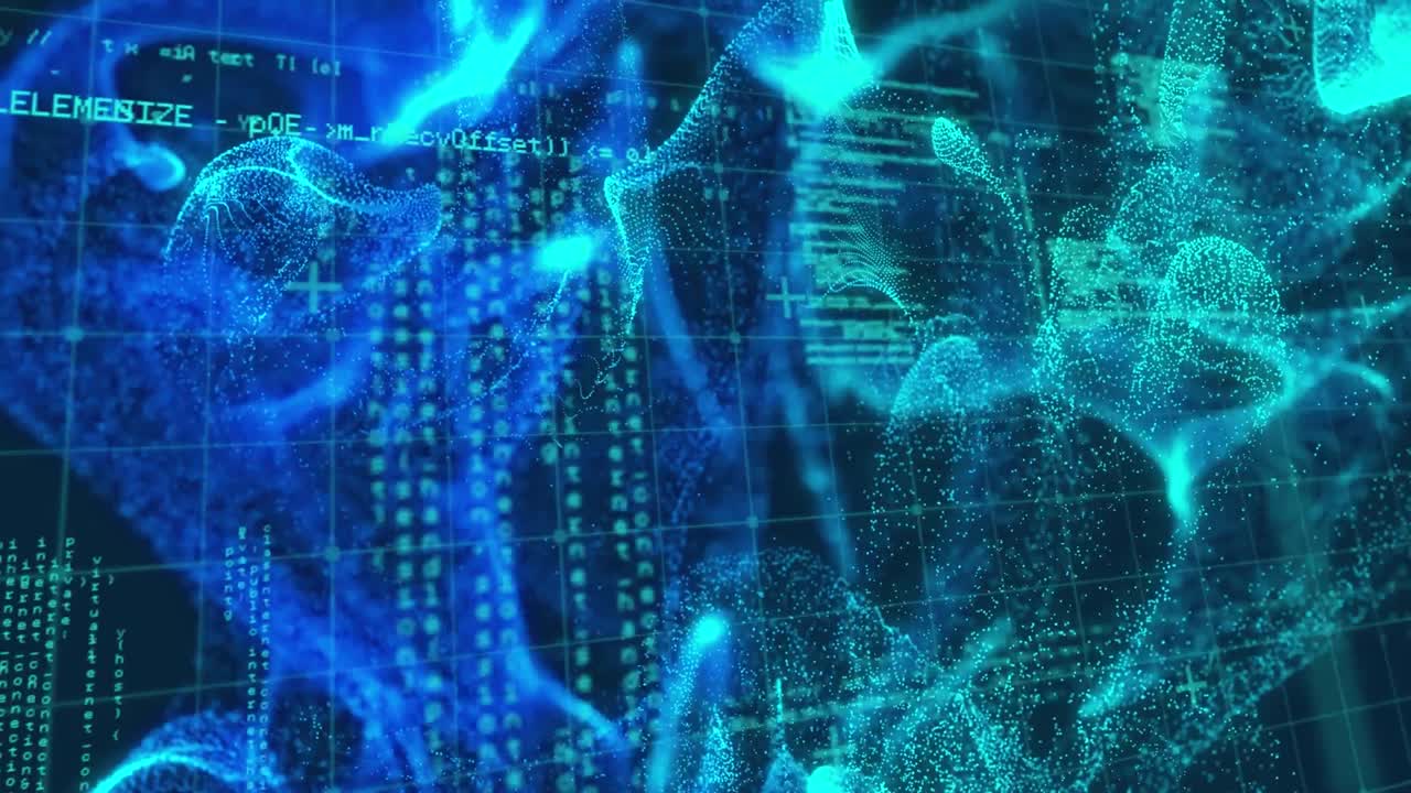 검은색 배경에 컴퓨터 언어에 대한 그리드 패턴 위의 추상 패턴의 애니메이션