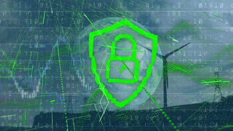 animación de un escudo digital con candado, datos financieros y turbinas eólicas