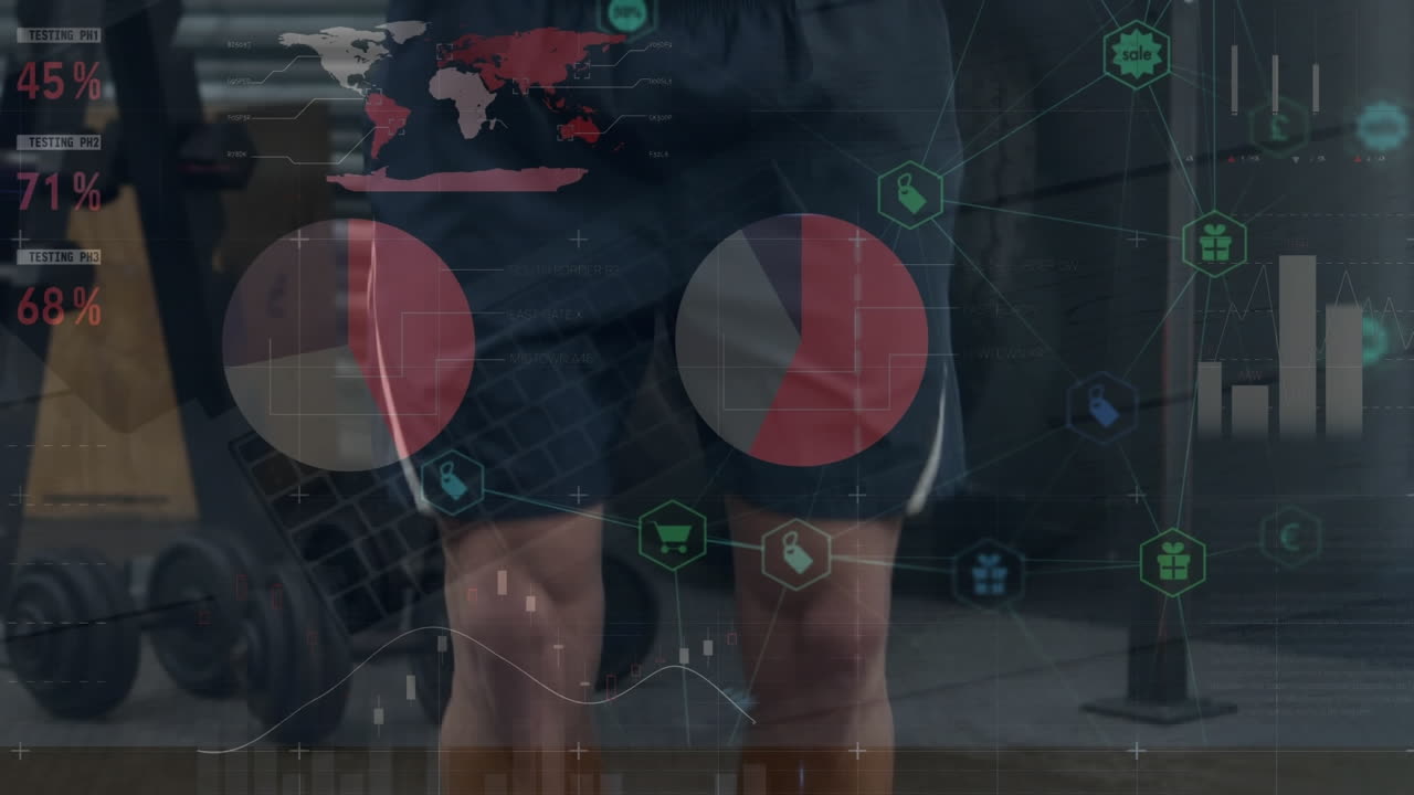 체육관에서 코카시안 피트 남자가 로프 점프하는 중간 섹션에 대한 통계 데이터 처리의 애니메이션