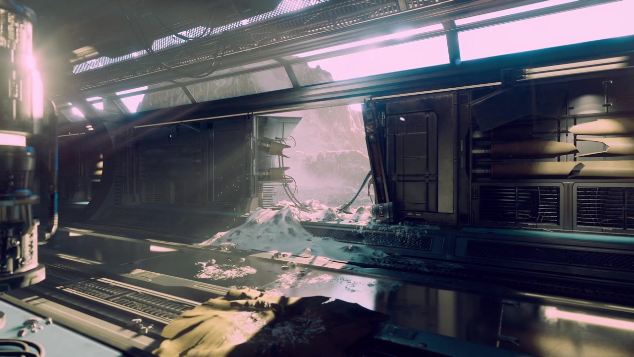 Spacewreck debris scanning destroyed spaceship corridor under glow