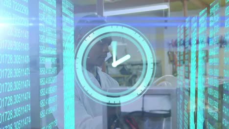 animation of moving clock and data processing over african american male scientist working in lab