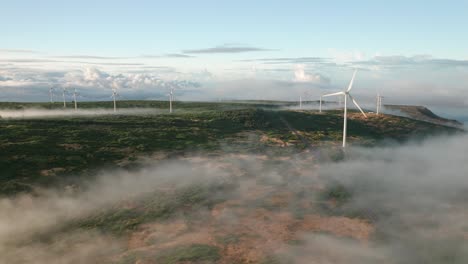 alternative energy windmill park on top of natural plateau in madeira, aerial