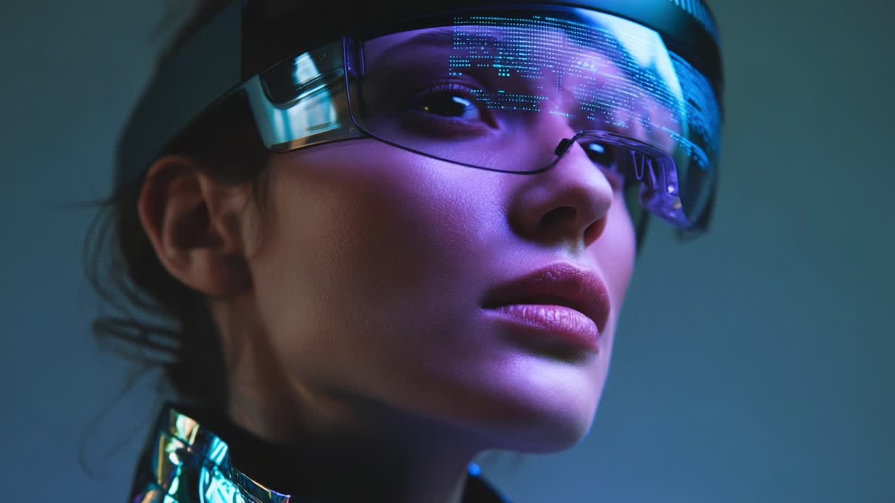 A Futuristic Portrait of a Woman Wearing High-Tech Glasses Emitting a Digital Display with a Stylish Metallic Jacket Under Vibrant Lighting in a Creative and Artistic Context