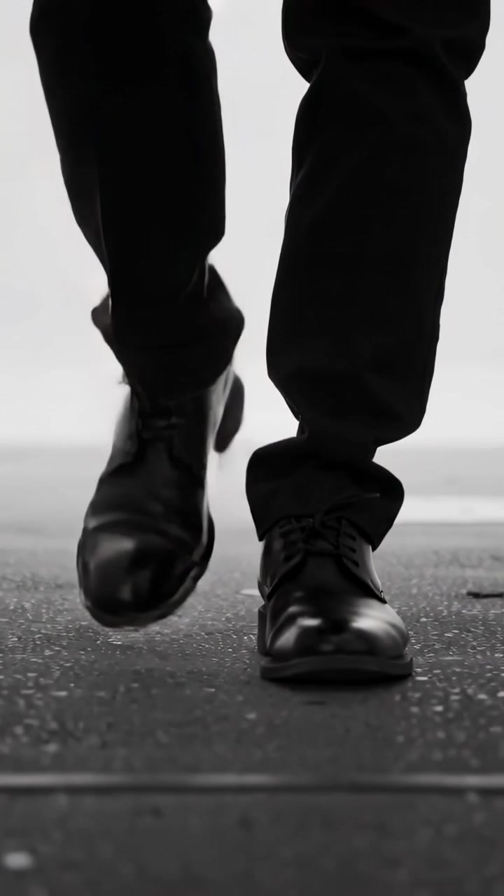 Video verticale: Uomo che cammina e si avvicina all'obiettivo da lontano, con pantaloni neri e scarpe lucide sul marciapiede.