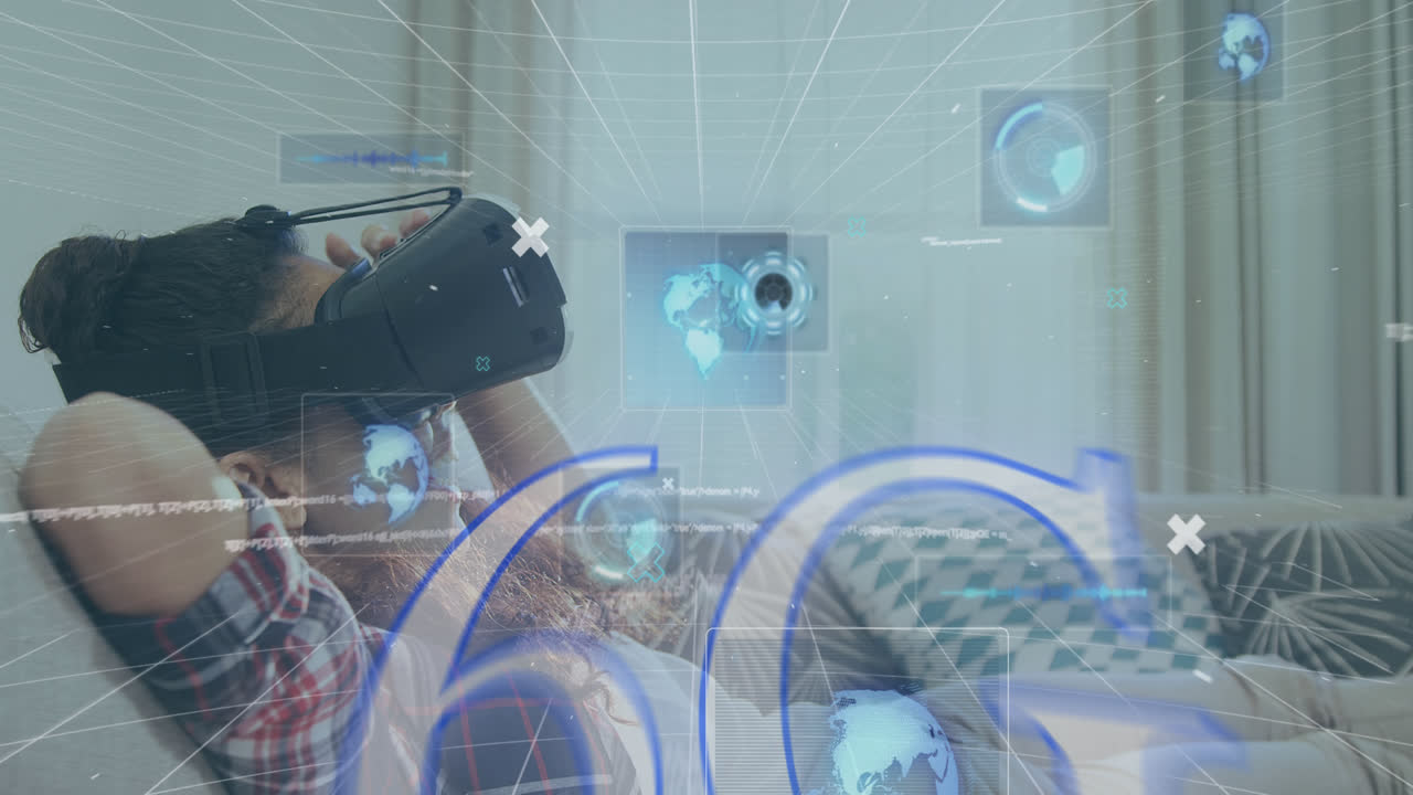 Animation of 6g text, scopes scanning and data processing over woman wearing vr headset