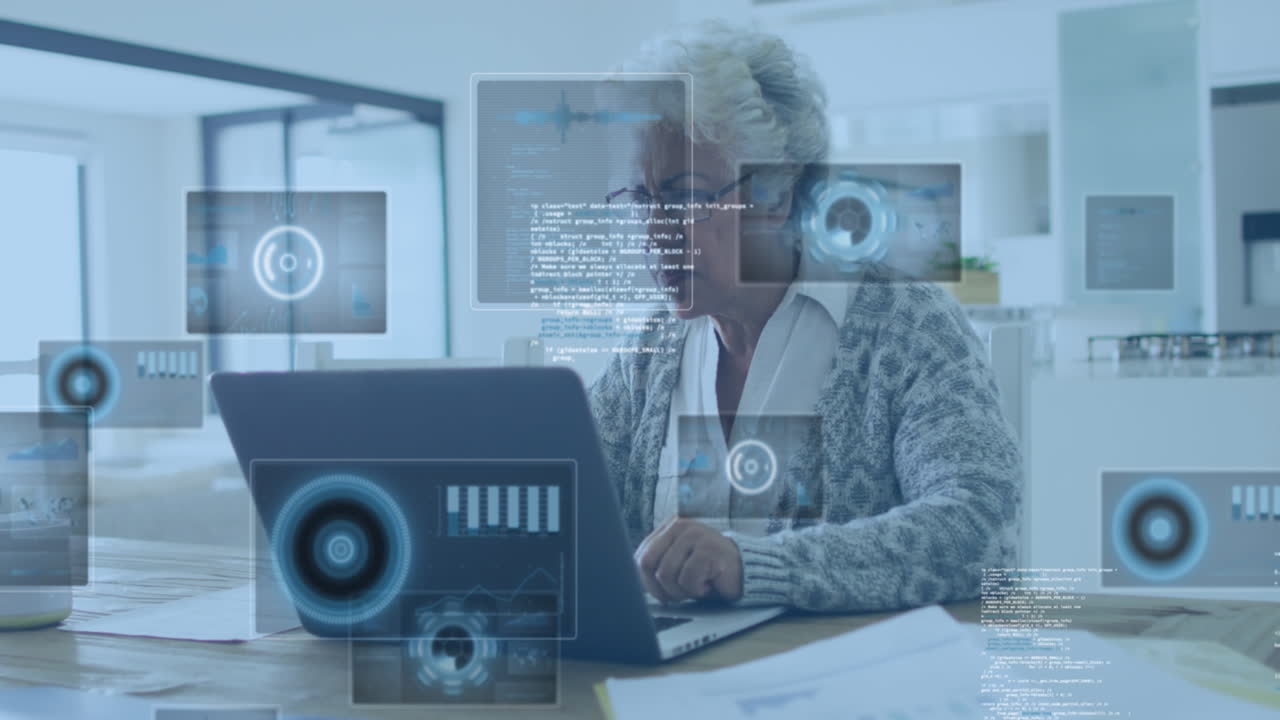 animación del procesamiento de datos sobre una mujer de negocios afroamericana de alto nivel que trabaja en una computadora portátil en la oficina