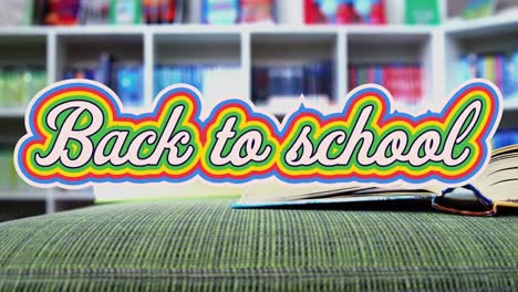 digital animation of back to school multicolored text against library in background