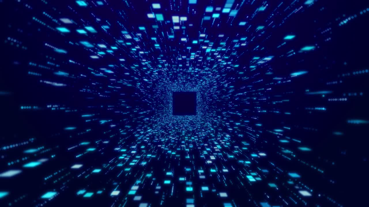 Glowing digital tunnel scattered blue particles light streaks pixel blocks data symbols enhances