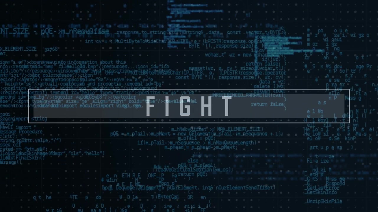 Animation of fight text with blue programming language against black background
