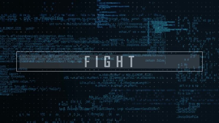 Animation of fight text with blue programming language against black background