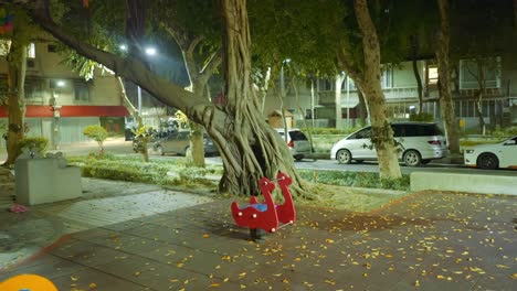 childrens playground equipment at night in front of warped bent tree in asia