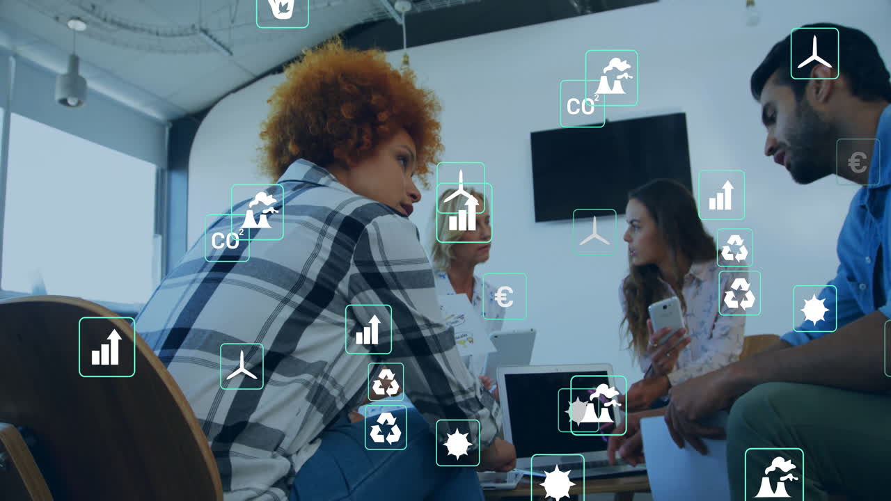 Animation of eco icons and data processing over diverse business people in office