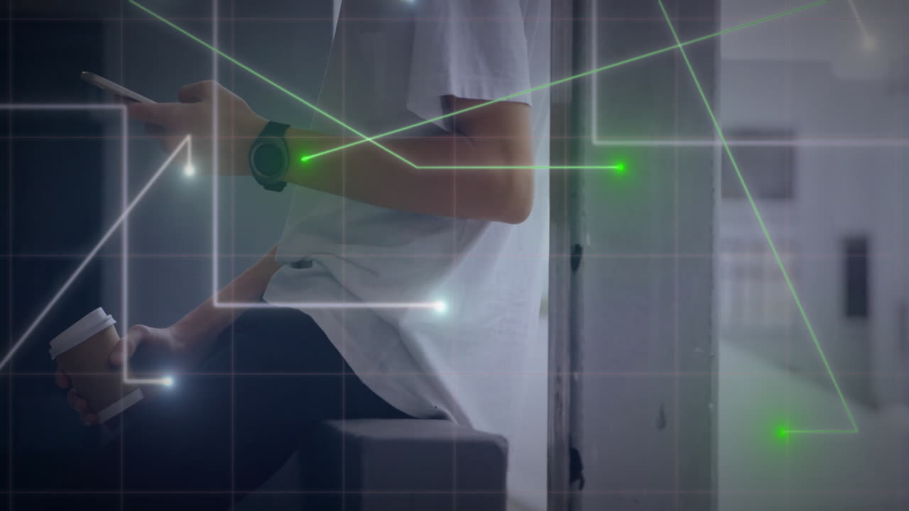 Man sitting on bench holding coffee cup and smartphone, with glowing technology circuit lines