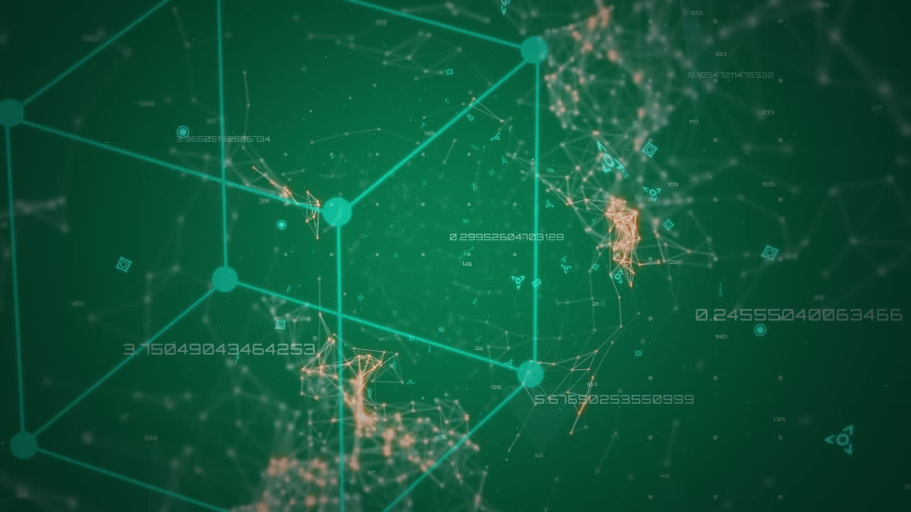 cubo 3d y puntos de conexión en verde y naranja moviéndose sobre fondo verde oscuro