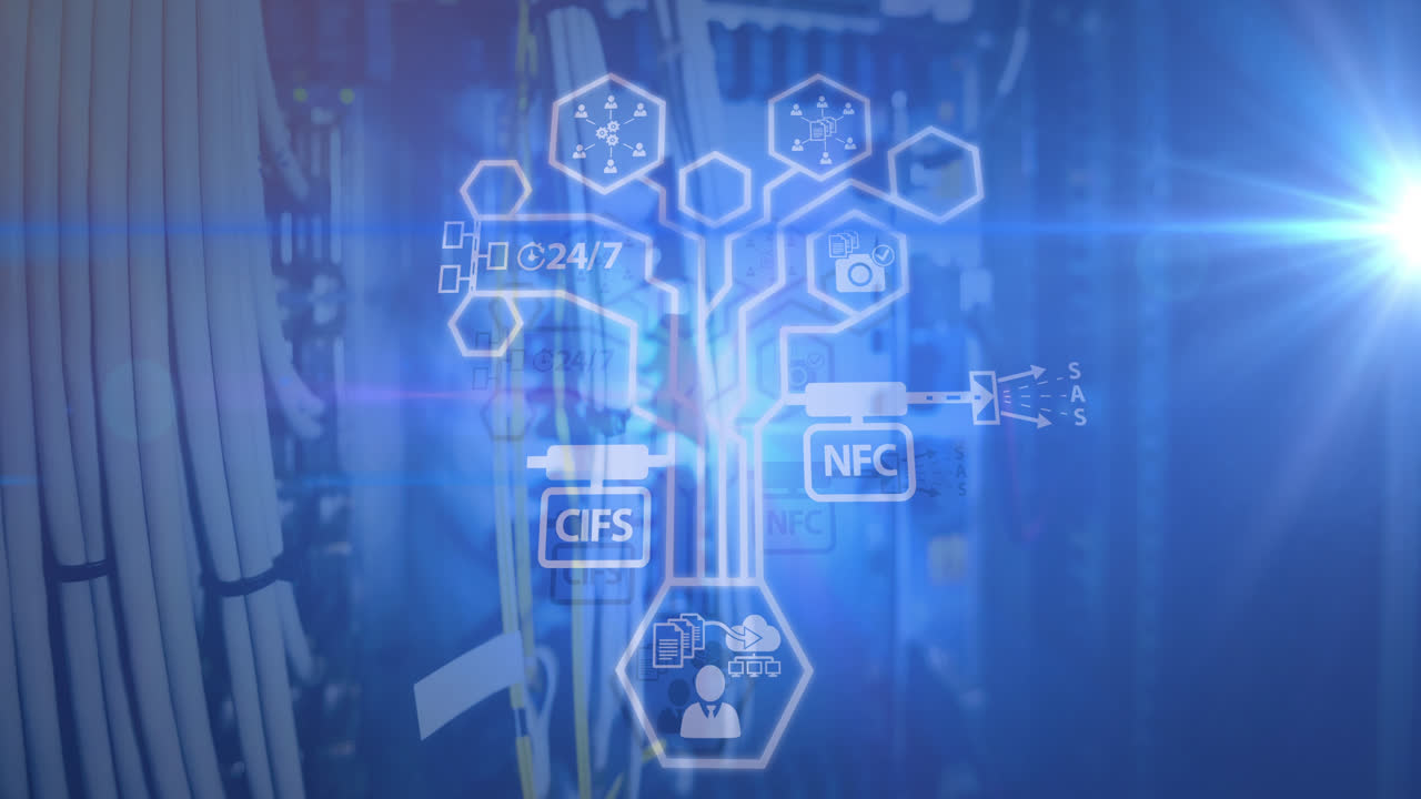 animación de iconos tecnológicos a través de cables informáticos