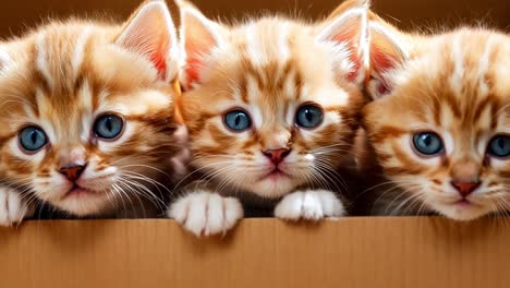 three kittens are sitting in a cardboard box