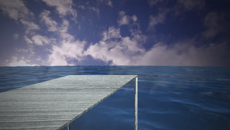 animation of wooden jetty by sea and clouds on sky