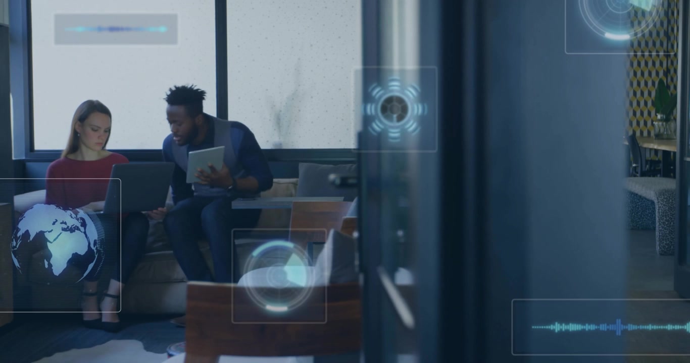 Standing figure interacting with tech overlay in living room, showing hologram globe and gear icons
