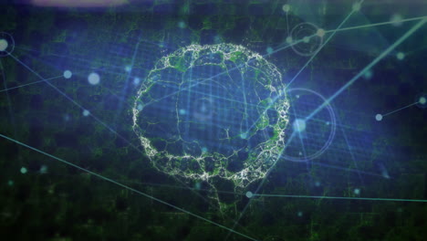 Animating digital brain structure and network connections over blue and green background