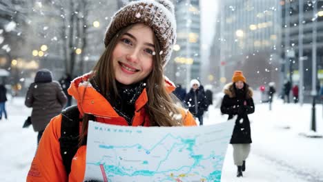 a woman in an orange jacket holding a piece of paper