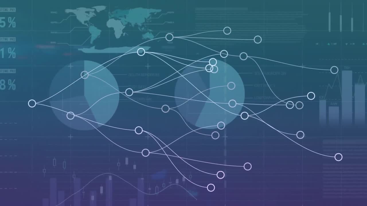 animación de la red de conexiones sobre el procesamiento de datos financieros en fondo azul