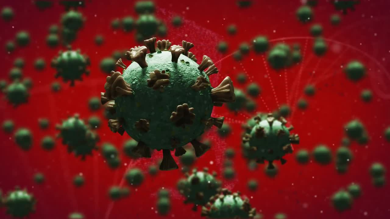 Animation of virus cells over dna strand on red background