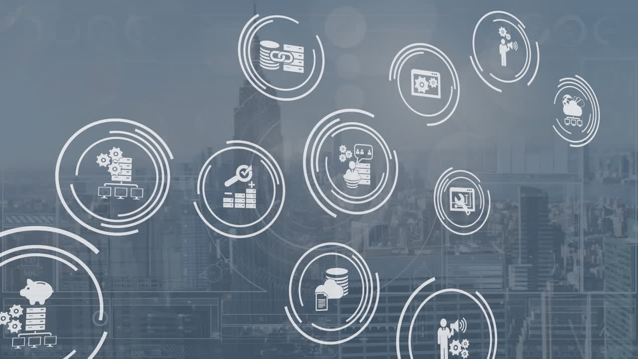 Animation of computer icon in circles over graphs and lens flares against modern cityscape